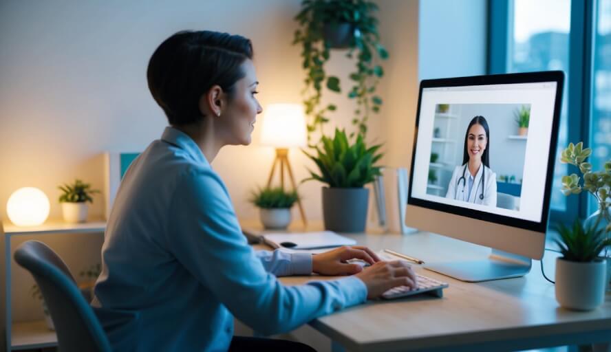 A person sitting at a computer, surrounded by calming elements like plants and soft lighting, engaging in an online therapy session with a counselor from Estonia on their screen