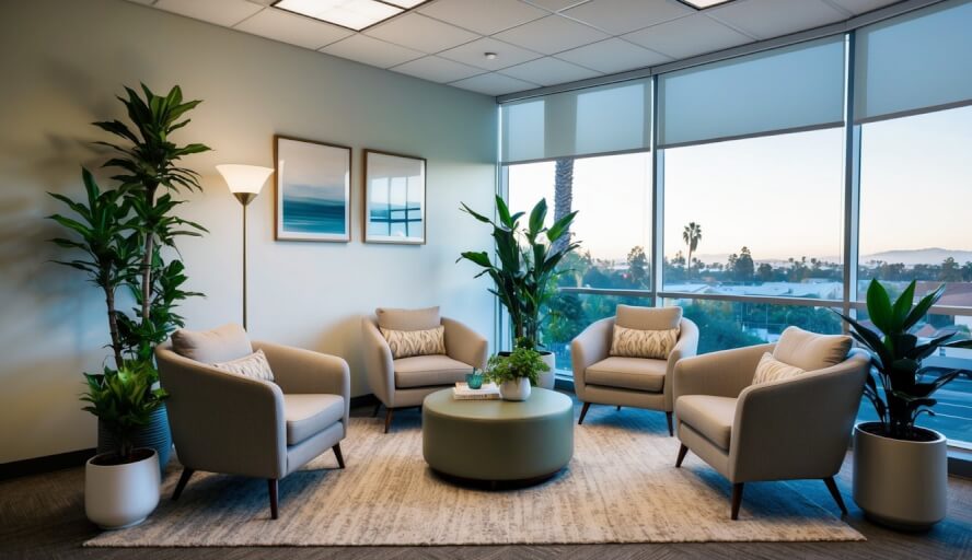A peaceful office with soft lighting and comfortable seating, adorned with calming artwork and plants, in San Jose, CA