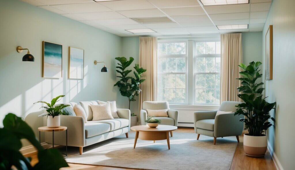 A serene, sunlit office with comfortable seating and soft, soothing colors. Plants and calming artwork adorn the walls, creating a welcoming and peaceful atmosphere