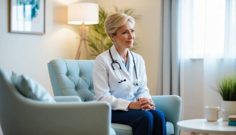 A serene office with soft lighting, comfortable seating, and calming decor. A therapist listens attentively to a client, showing empathy and understanding