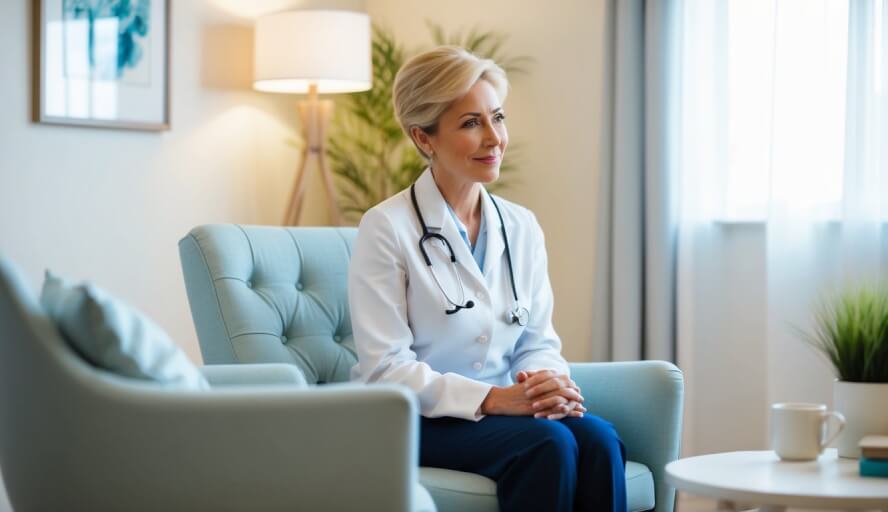 A serene office with soft lighting, comfortable seating, and calming decor. A therapist listens attentively to a client, showing empathy and understanding