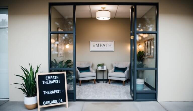 A peaceful office with cozy chairs, soft lighting, and calming decor. A sign outside reads "Empath Therapist - Oakland, CA."