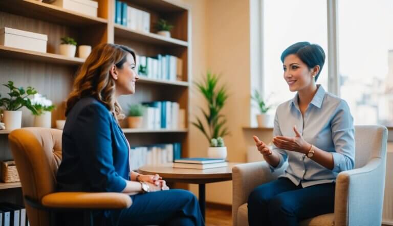A person sitting in a cozy office with a warm, inviting atmosphere, talking to a therapist who is actively listening and showing empathy