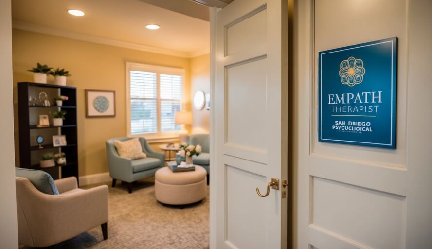 A serene office with warm lighting, comfortable seating, and calming decor. A sign on the door reads "Empath Therapist" with the San Diego Psychological Association logo