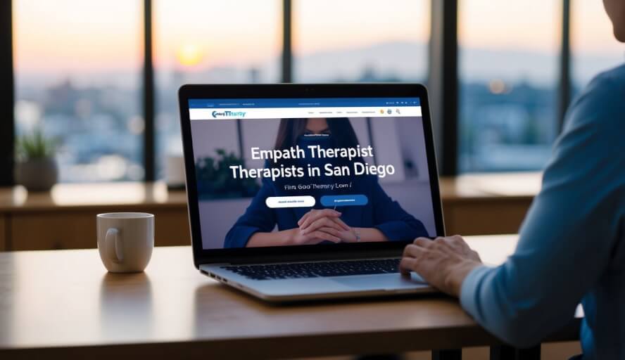 A person sitting at a desk, using a laptop to search for empath therapists in San Diego on the GoodTherapy website