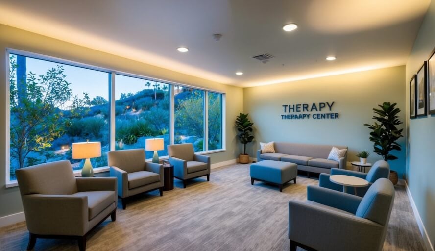 A serene therapy center with comfortable seating and soft lighting, surrounded by nature in San Diego