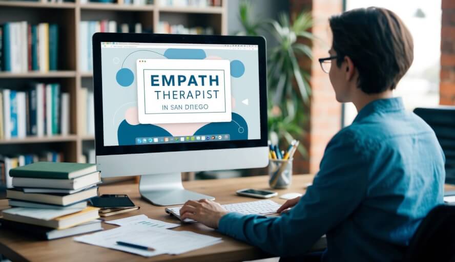 A person sitting at a desk with a computer, surrounded by books and papers, searching for "empath therapist in San Diego" on the internet