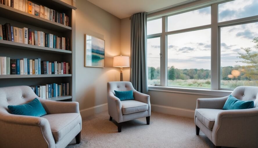 A serene room with cozy chairs and soft lighting, a shelf filled with therapy books, and a calming view of nature outside the window