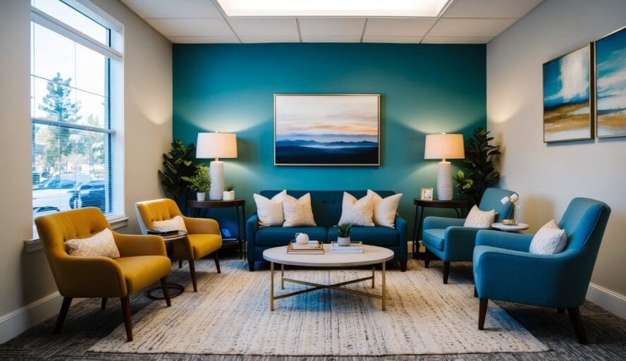 A cozy therapy office in Sacramento, with soft lighting, comfortable seating, and calming decor