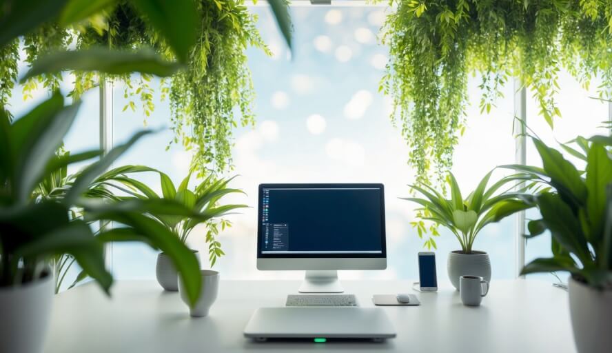 A serene and modern office space with a computer and phone, surrounded by lush greenery and natural light, representing online therapy options in California
