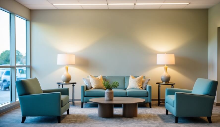 A serene office with soft lighting and comfortable seating, a calming color palette, and a warm, inviting atmosphere