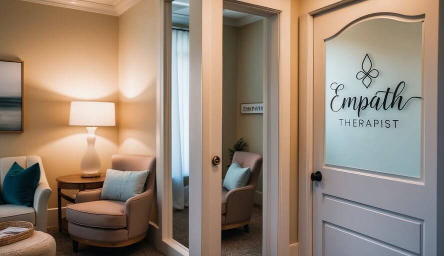 A serene office with warm lighting, comfortable seating, and calming decor. A sign on the door reads "Empath Therapist" in elegant script