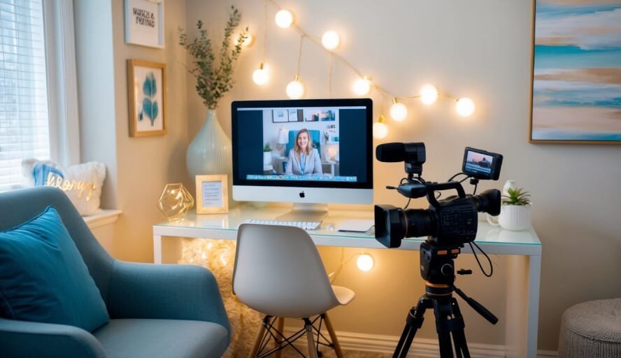 A cozy therapy office with a computer and video camera set up next to a comfortable chair, surrounded by calming decor and soft lighting