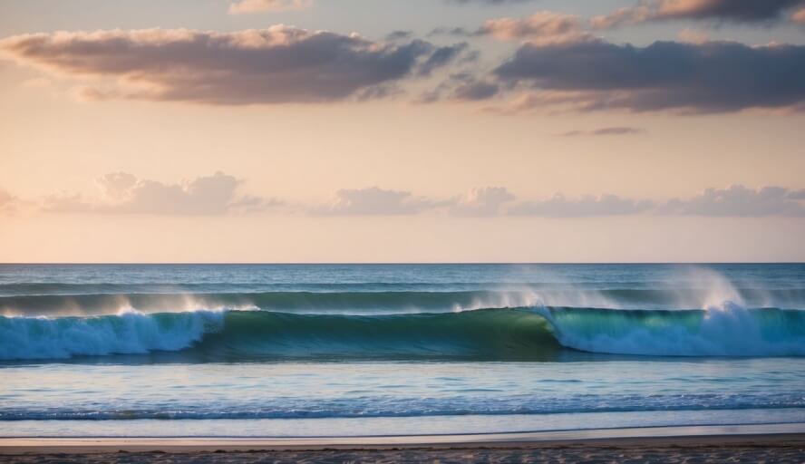 A serene beachfront with a peaceful atmosphere, adorned with calming waves and gentle breezes, surrounded by the beauty of nature