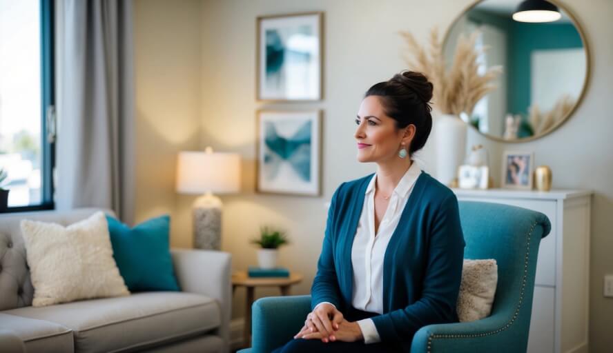 An empath therapist sitting in a cozy office, surrounded by calming decor and soft lighting, listening attentively to a client in Modesto, CA