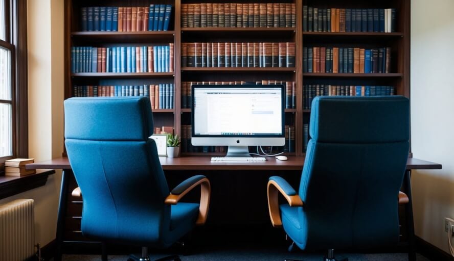 A cozy office with two chairs facing each other, a desk with a computer, and shelves filled with books on psychology and relationships