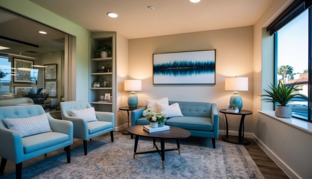 A cozy office with soft lighting, comfortable seating, and calming decor in Fontana, CA