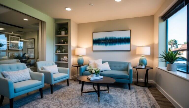 A cozy office with soft lighting, comfortable seating, and calming decor in Fontana, CA