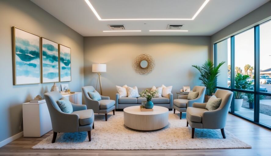 A serene office in Oxnard, CA with comfortable seating, soft lighting, and calming decor to create a peaceful environment for empath therapists