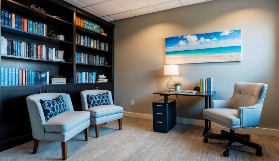 A cozy office with two comfortable chairs, a small desk, and a bookshelf filled with psychology and relationship books. A calming beach scene painting hangs on the wall