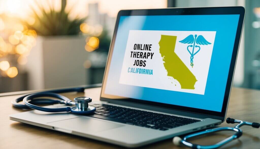 A laptop with a California map and a stethoscope symbolizing online therapy jobs in California