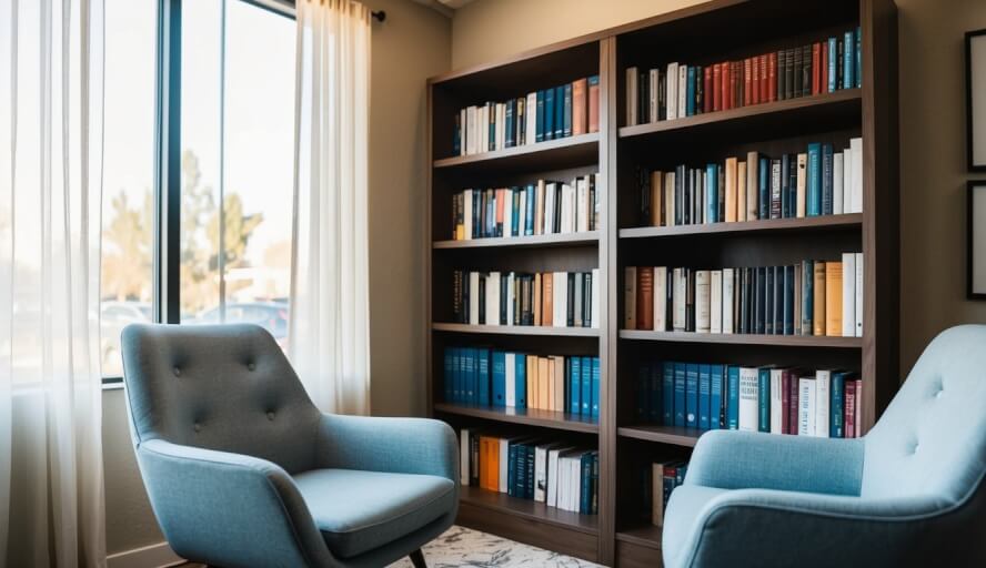 A cozy office in Fresno, CA, with two comfortable chairs facing each other, soft lighting, and a bookshelf filled with psychology and relationship books