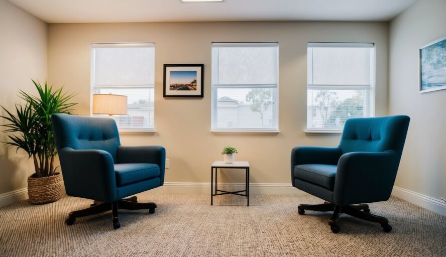 A cozy office in Santa Ana, CA with two comfortable chairs facing each other, a small table, and soft lighting