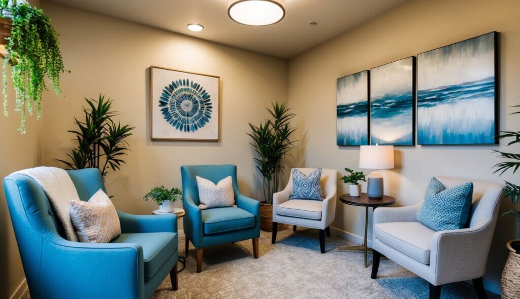 A cozy office with soft lighting and comfortable seating, adorned with calming artwork and plants. A warm and welcoming atmosphere for empath therapy in Glendale, CA