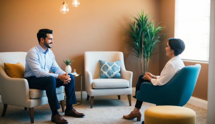 A person sitting in a peaceful and inviting therapy office, surrounded by warm colors and comfortable seating, talking to an empathetic therapist in San Bernardino, CA