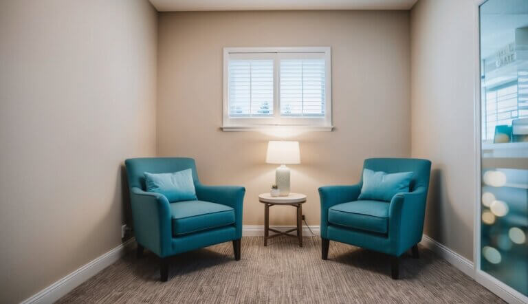 A cozy office with two comfortable chairs, soft lighting, and calming decor. A peaceful and private space for therapy sessions in Bakersfield, CA