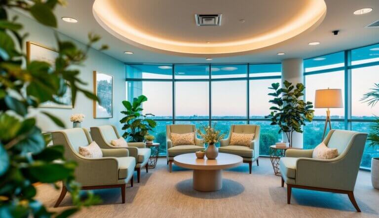 A peaceful office with soft lighting and comfortable seating, surrounded by nature and calming decor