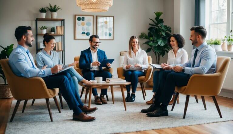 A group of business owners engage in therapy activities in a cozy office setting, with comfortable chairs and calming decor