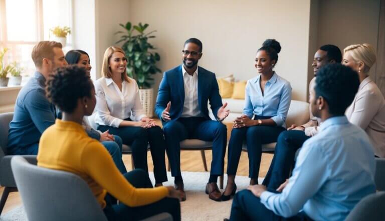 A group of diverse professionals sit in a circle, engaged in a therapy session led by a professional. The room is warm and inviting, with soft lighting and comfortable seating