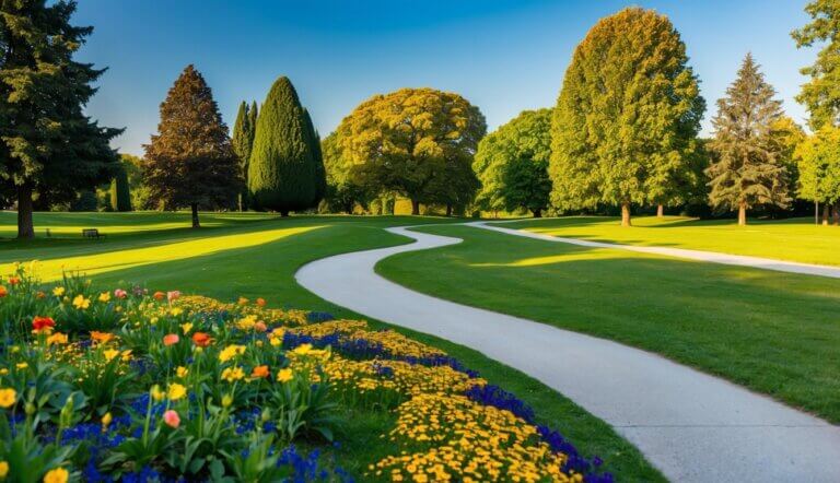 A serene, green park with a winding path and colorful flowers, surrounded by tall trees and a clear blue sky