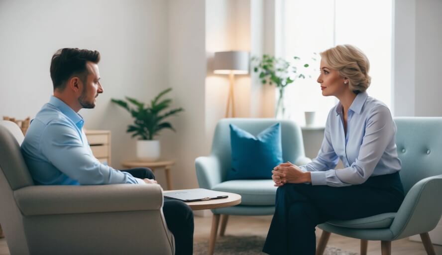 A cozy office with soft lighting and comfortable seating, where a therapist listens attentively to a client's emotional concerns