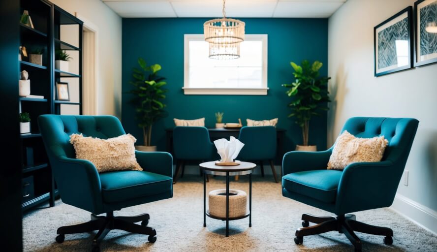 A cozy office with two chairs facing each other, a small table with tissues, and calming decor in Columbus, OH