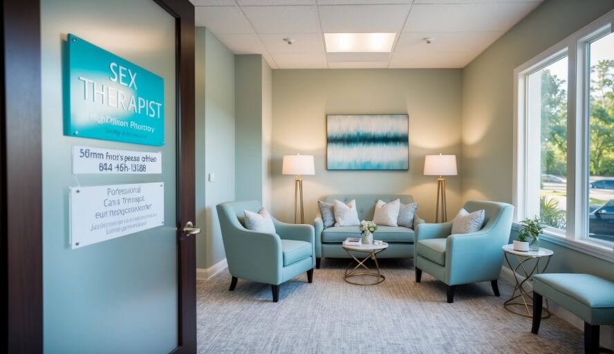 A serene office space with comfortable seating, soft lighting, and calming decor. A sign outside reads "Sex Therapist" with contact information