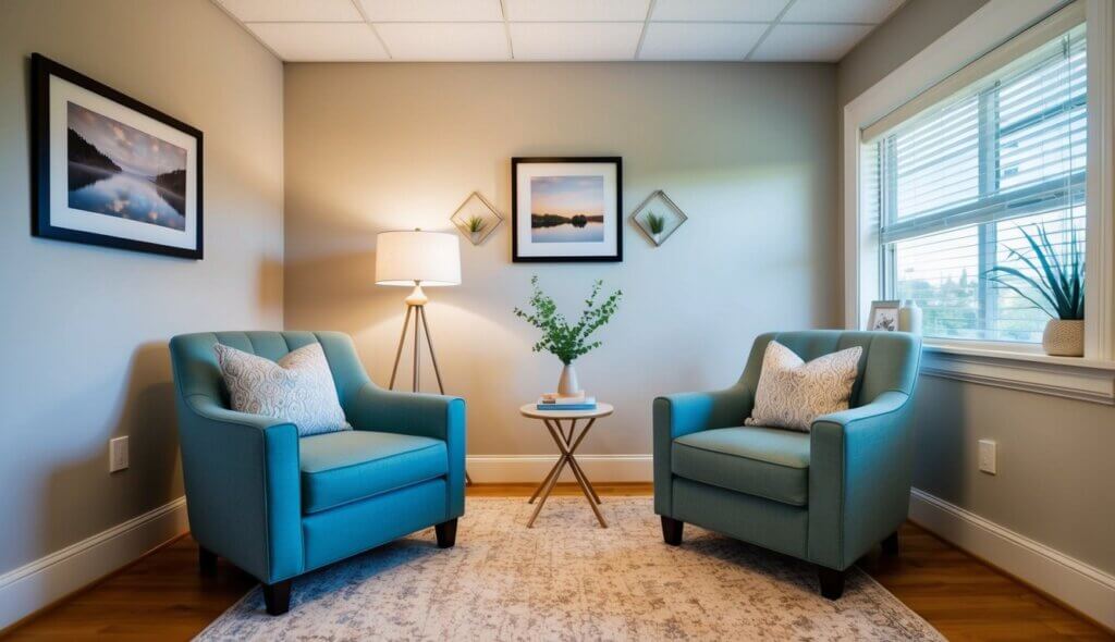 A cozy office in Boise, ID with two comfortable chairs, a small table, and calming decor. Soft lighting and a welcoming atmosphere