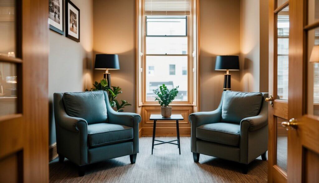 A cozy office in Plano, TX with two plush armchairs facing each other, a small table in between, and warm, soft lighting