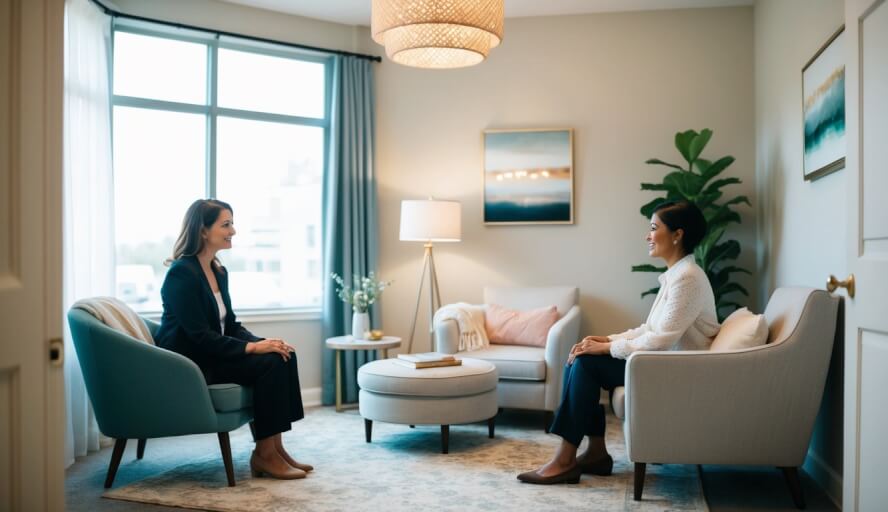 A cozy office in Boise, ID with soft lighting, comfortable seating, and calming decor. A therapist sits across from a client, listening attentively