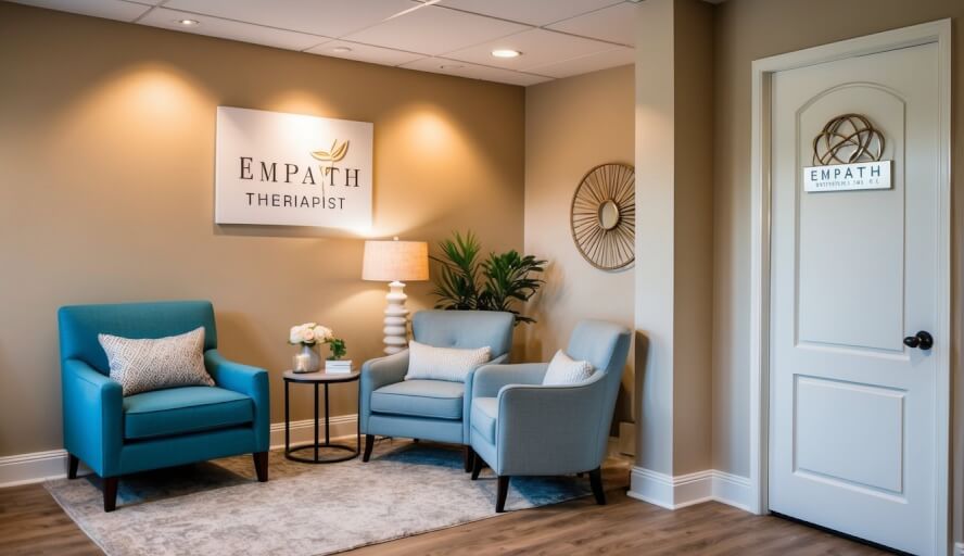 A peaceful office with warm lighting, comfortable seating, and calming decor. A sign on the door reads "Empath Therapist" in Richmond, VA