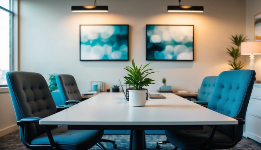 A cozy office with two chairs facing each other, a desk with a potted plant, and calming artwork on the walls