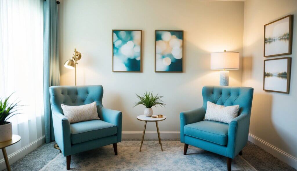 A cozy office in Richmond, VA with two comfortable chairs, a small table, and calming decor. Soft lighting and a peaceful atmosphere