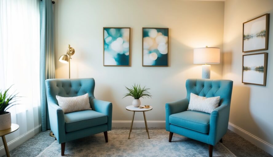 A cozy office in Richmond, VA with two comfortable chairs, a small table, and calming decor. Soft lighting and a peaceful atmosphere