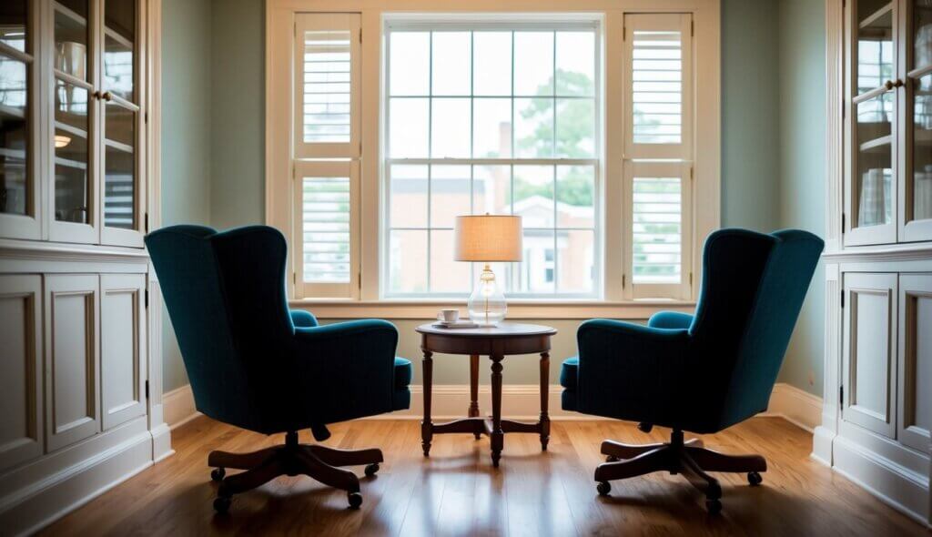 A cozy office with two chairs facing each other, soft lighting, and a calming atmosphere in Charleston, SC