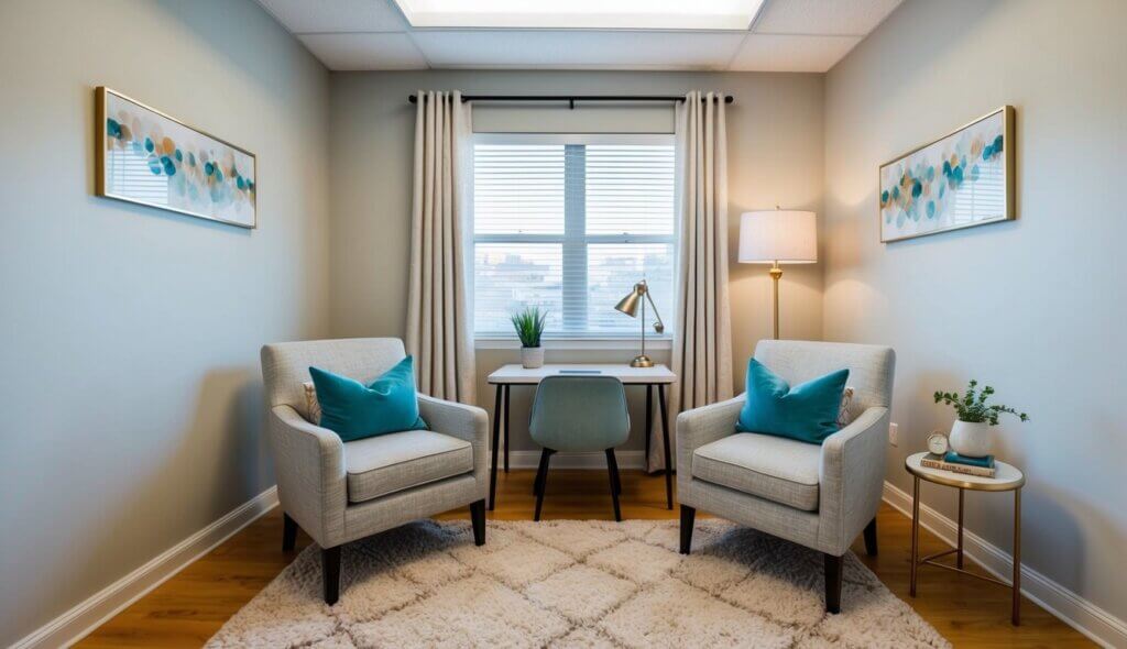 A cozy office in Savannah, GA with two chairs and a small desk. Soft lighting and calming decor create a welcoming space for therapy sessions