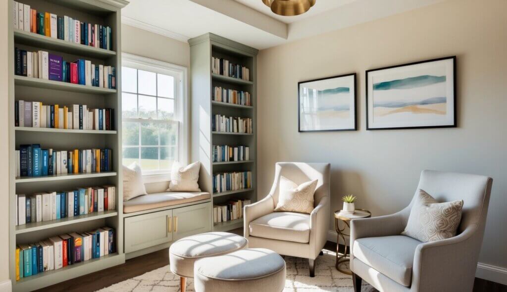 A serene, sunlit office with cozy seating and soft, neutral colors. A bookshelf filled with self-help and psychology books. Peaceful artwork adorns the walls