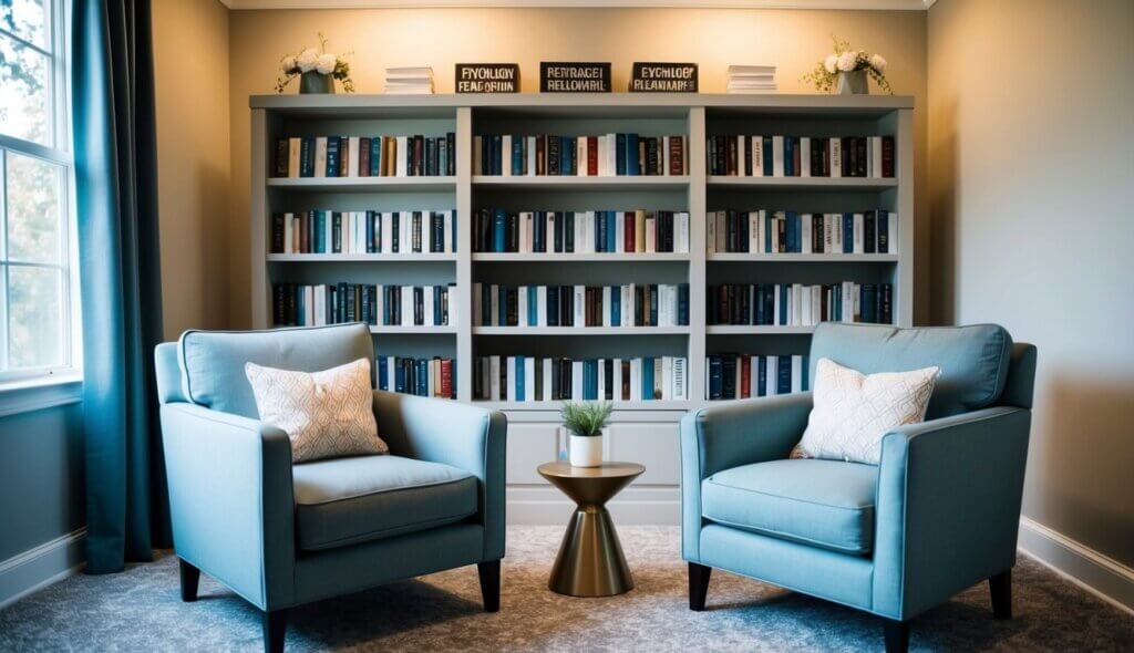 A cozy office in Raleigh, NC with two armchairs facing each other, soft lighting, and calming decor. A bookshelf filled with psychology and relationship books