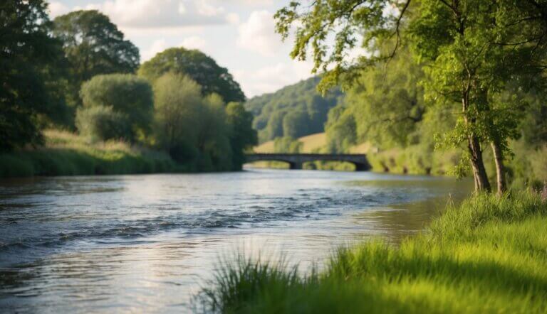 A serene riverside setting with a peaceful atmosphere, surrounded by nature and gentle flowing water