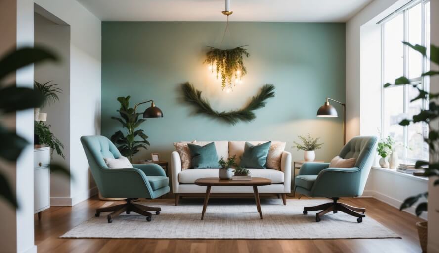A serene office with cozy chairs and soft lighting, a calming atmosphere with nature-inspired decor and soothing background music